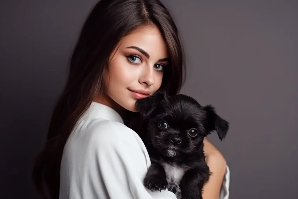 Beautiful brunette girl holding a small dog in her arms - infocake.net Beautiful brunette girl holding a small dog in her arms